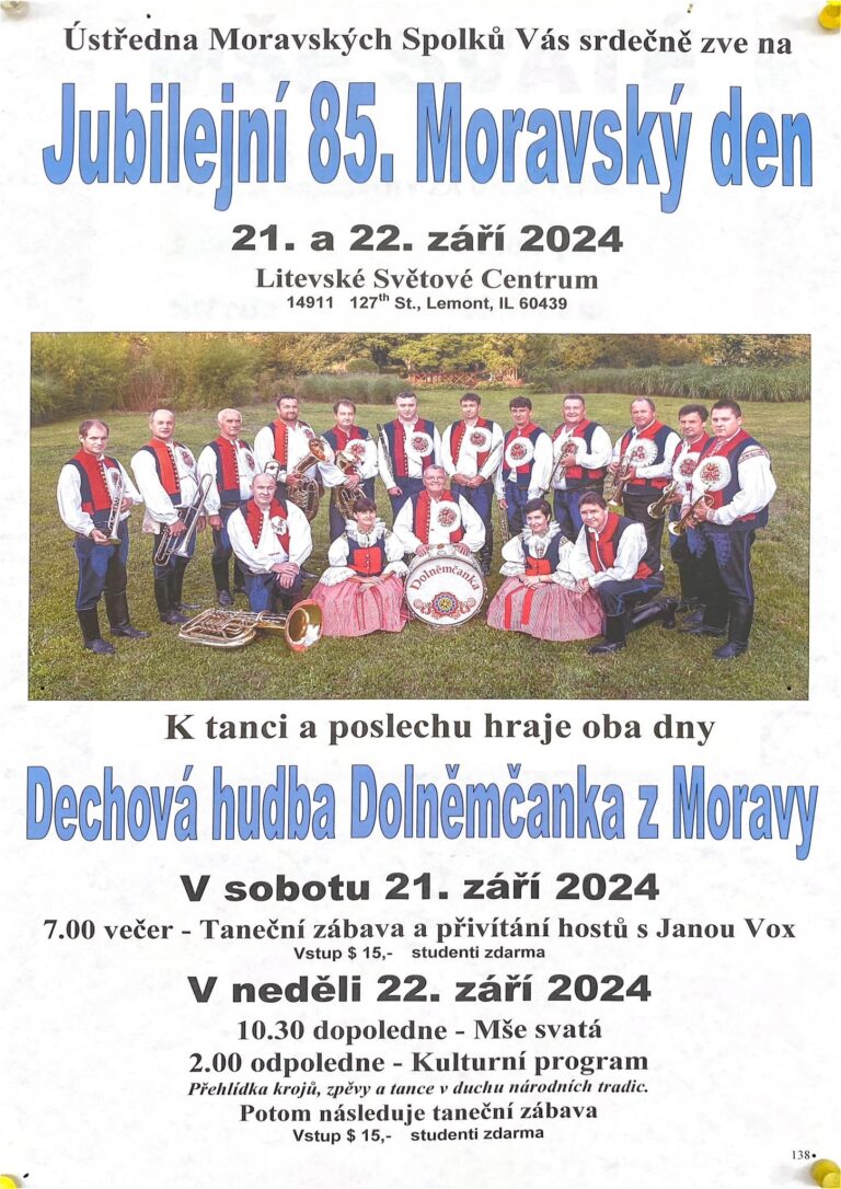 Jubilejní 85.Moravský den – Ústředna Moravských Spolků /21.-22.09.2024 Lemont *ILLINOIS*